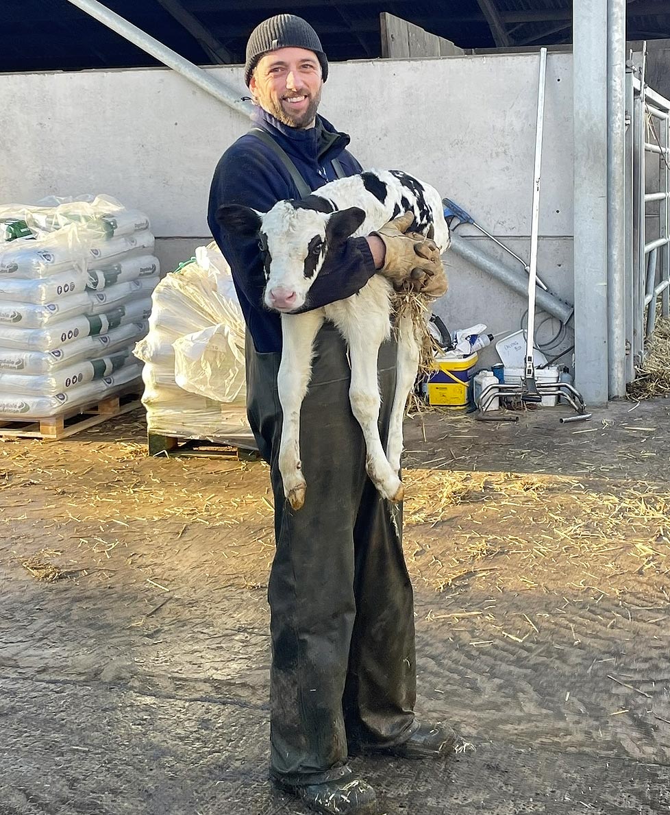 Farmer Adam Simpson holding a Holstein calf