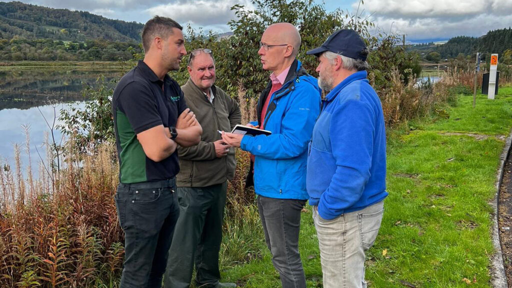 Scotland's newly appointed first minister John Swinney meeting NFU Scotland president Martin Kennedy and local farmers following severe flooding in highland Perthshire © NFU Scotland