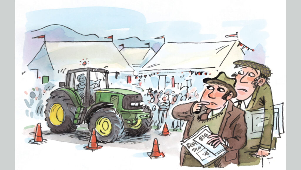 Cartoon of farmers looking at tractor