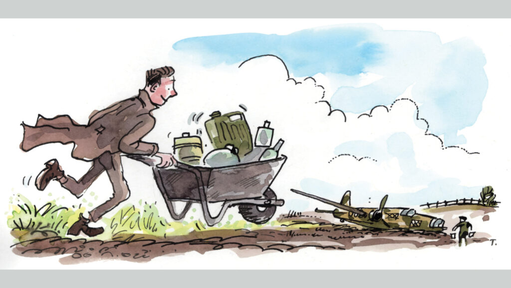 cartoon of farmer with wheelbarrow and aircraft