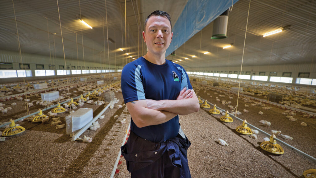 Chris Wright, Farmers Weekly Awards 2024 Poultry finalist, in a poultry shed