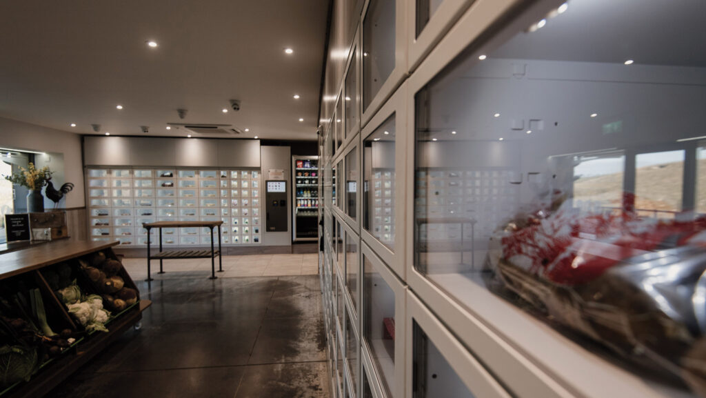 Vending machine lockers in a farm shop