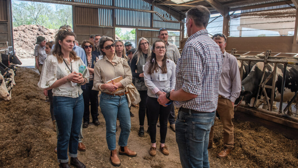 Cambridge University farm manager Paul Kelly talks to visitors