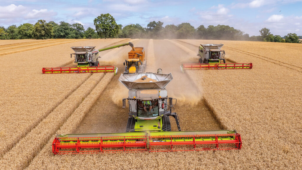 Three Claas combines harvesting in a field