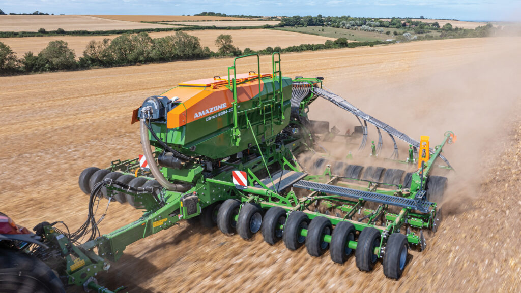 Trailed drill being pulled on stubble