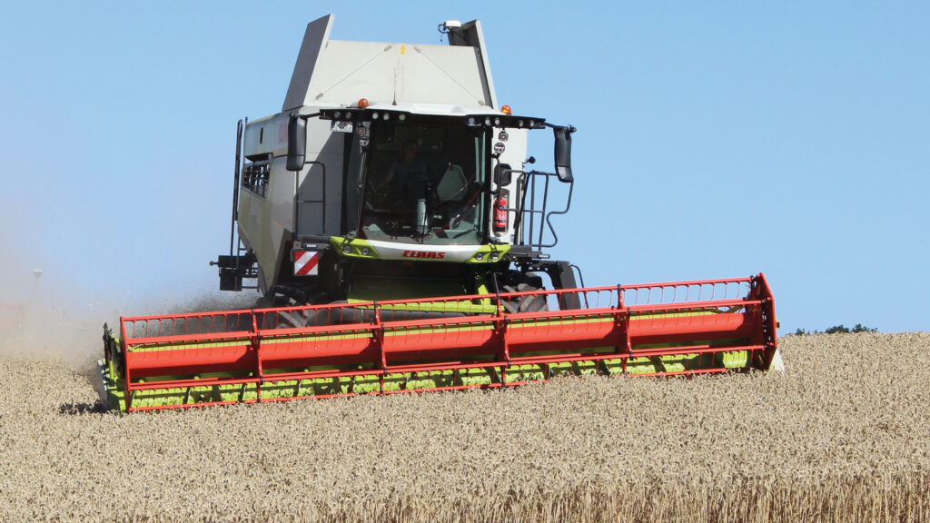 Front view of a combine at wotk