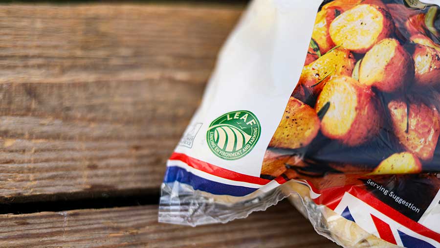 Close up of Leaf logo on potato bag