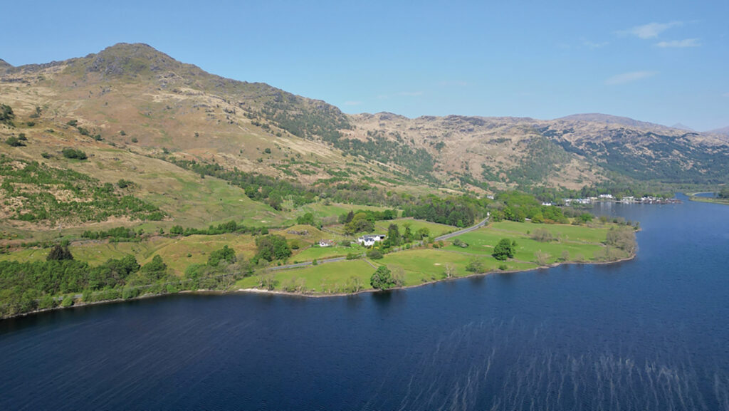 Aerial view of Stuckendroin Estate and its frontage on Loch Lomond