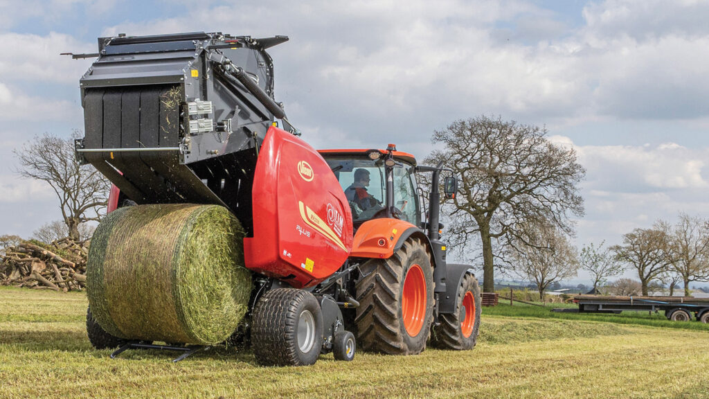 Rear view of baler discharging a bale