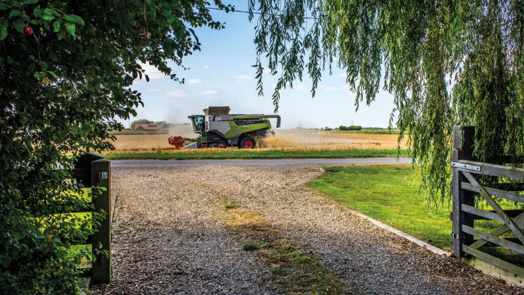 Combine harvester cutting Skyfall wheat