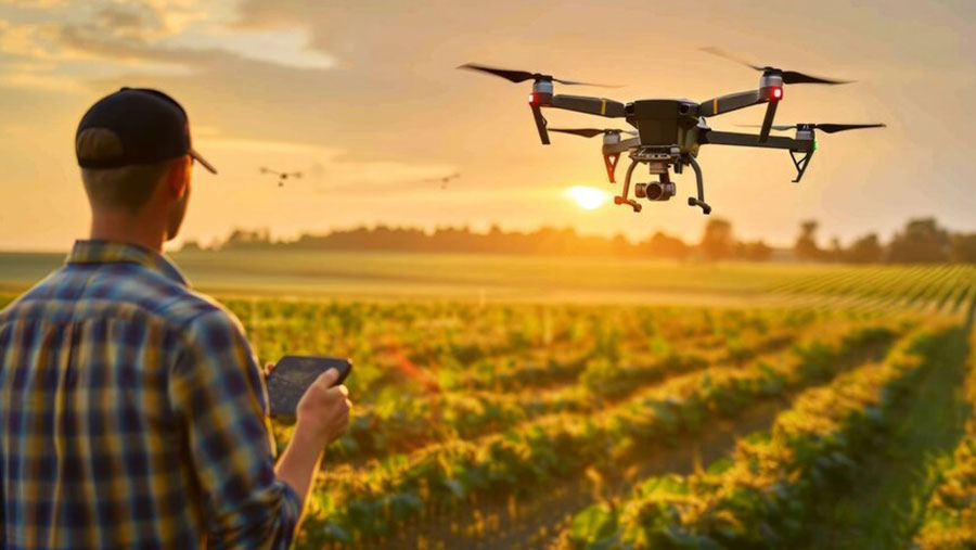 Person flying drone over a field at sunset