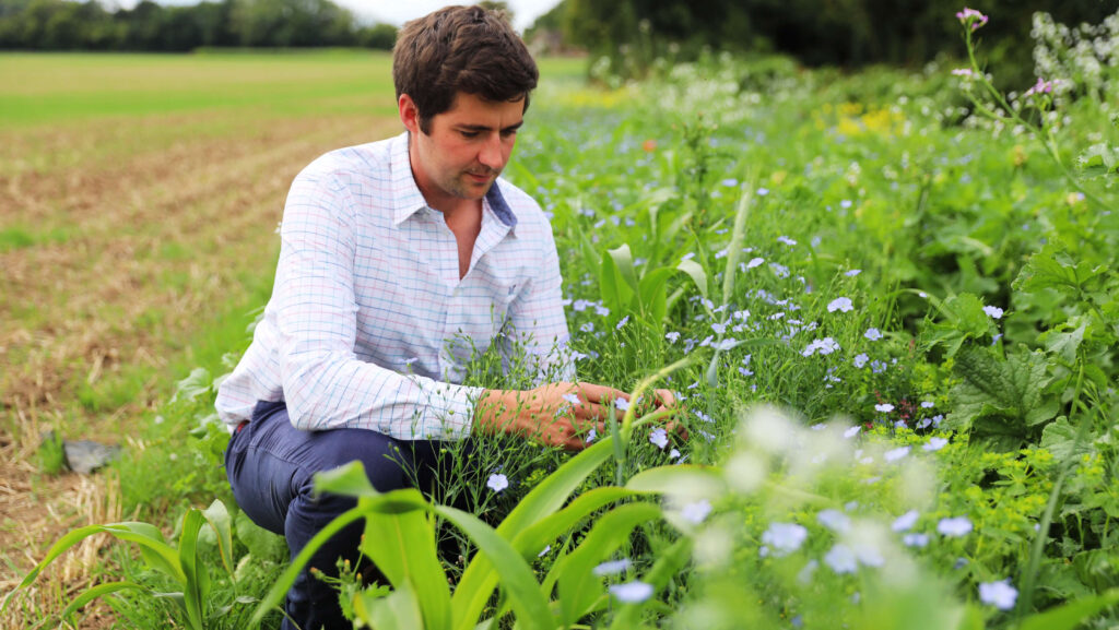 James Bray kneeling in crops