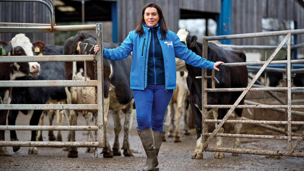 Karen Halton on dairy farm with cows