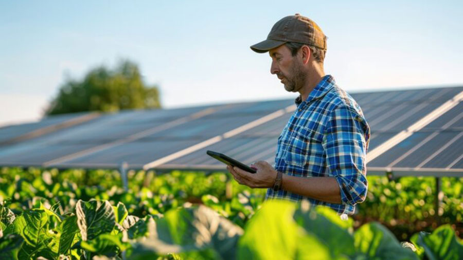 Farmer looking at a tablet in a crop field with solar panels in the background