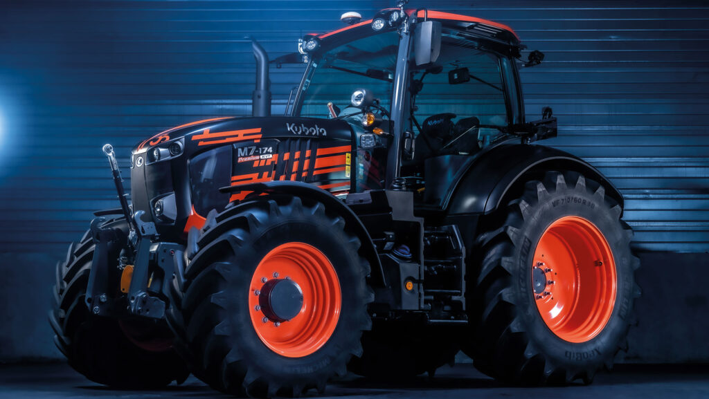 Kubota M7004 anniversary edition tractor with orange and black wrap