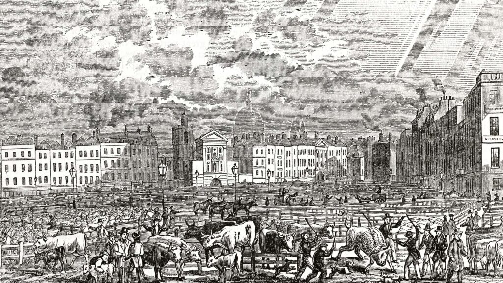 Engraving of outdoor market with livestock