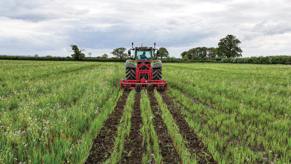 Weaving RotaStrip 4-row cultivator working in a field