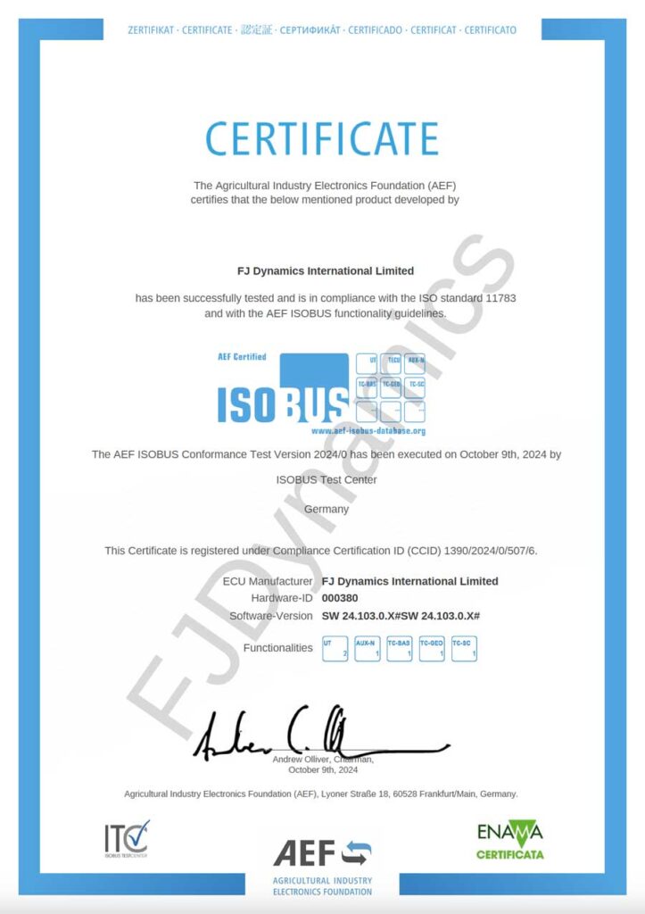 FJD ISOBUS has received the AEF certificate