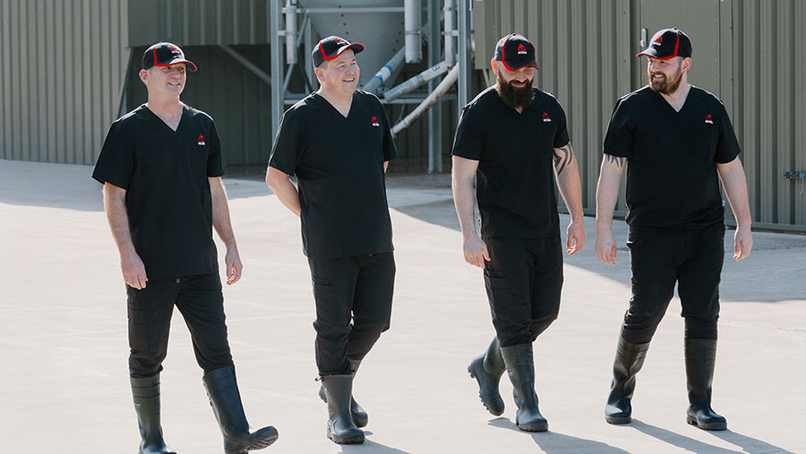 Charles Ramsey, Stuart Thomson, Sean Harrison and Toby Arkell on a farm yard