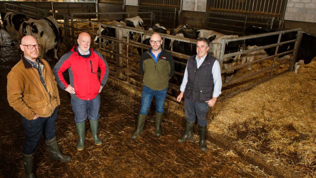 Group of people in a cow shed