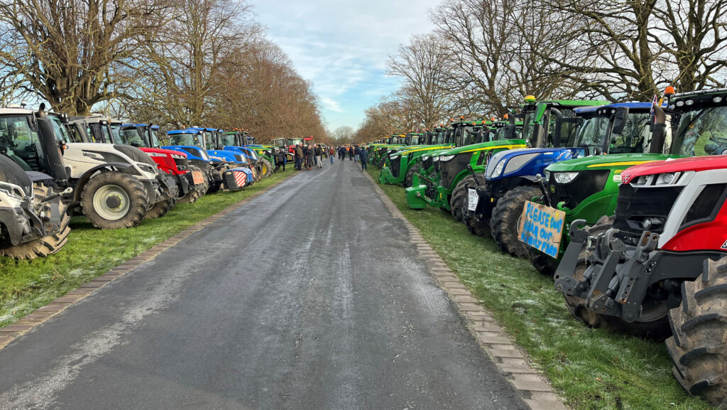 Tractors assembled on the outskirts of Beverley, Yorkshire ahead of a tractor rally