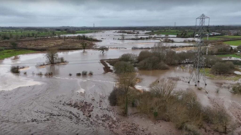 Drone shot of flooded farmland