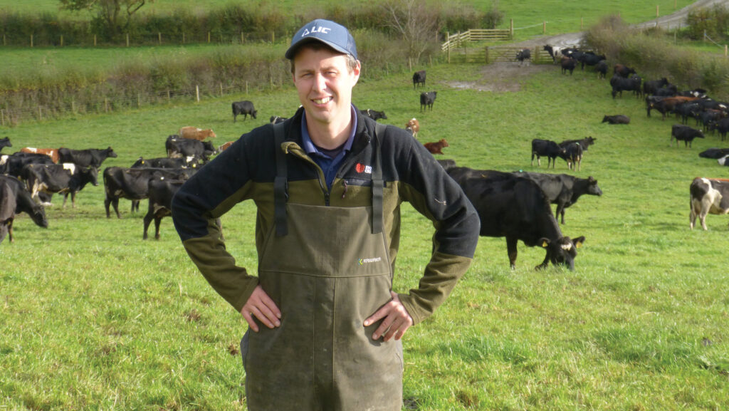 A dairy farmer in a field of cows