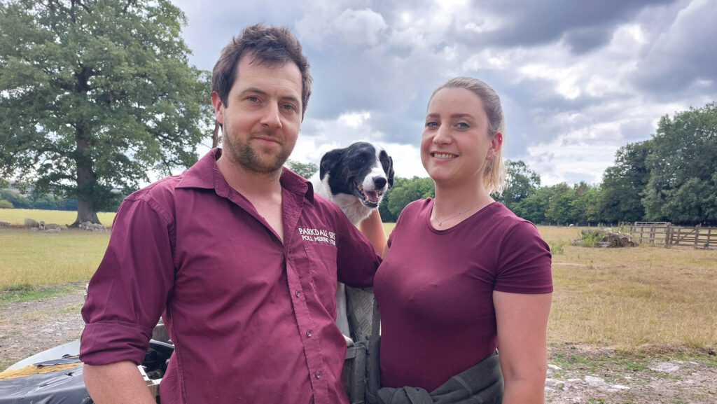 Sheep farmers Martin Howlett and Jana Grossman with their dog Jay