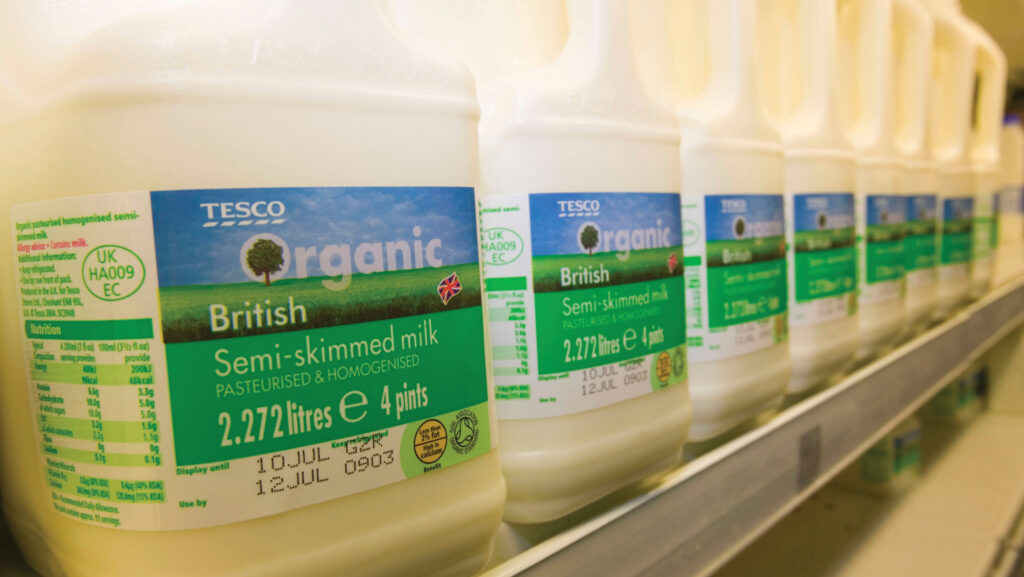 Plastic bottles of organic milk