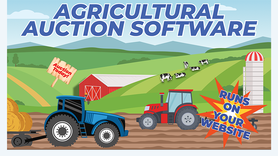 Farm-themed ad for Webtron's Agricultural Auction Software with tractors, barn, and contact info.