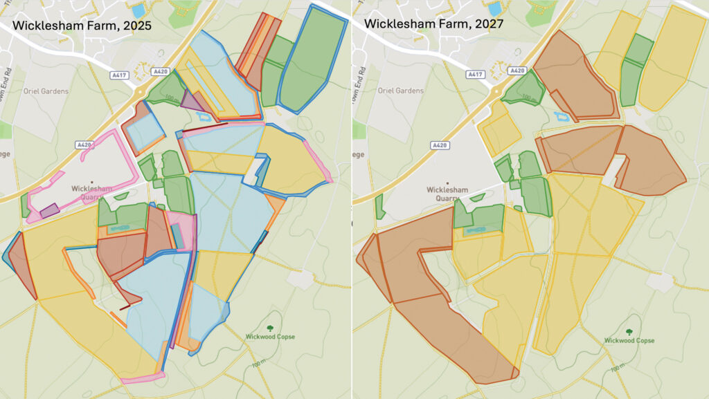 Maps of Wicklesham Farm in 2025 and 2027