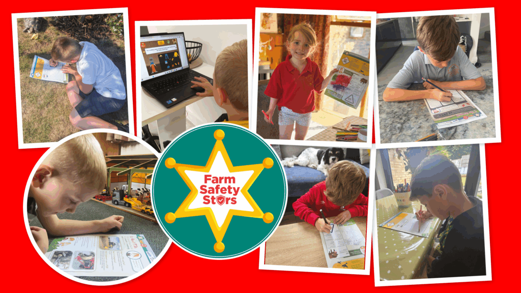 Montage of children doing Farm Safety worksheets. 