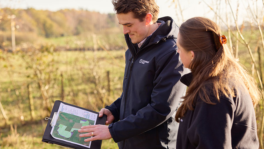 Two people looking at clipboard