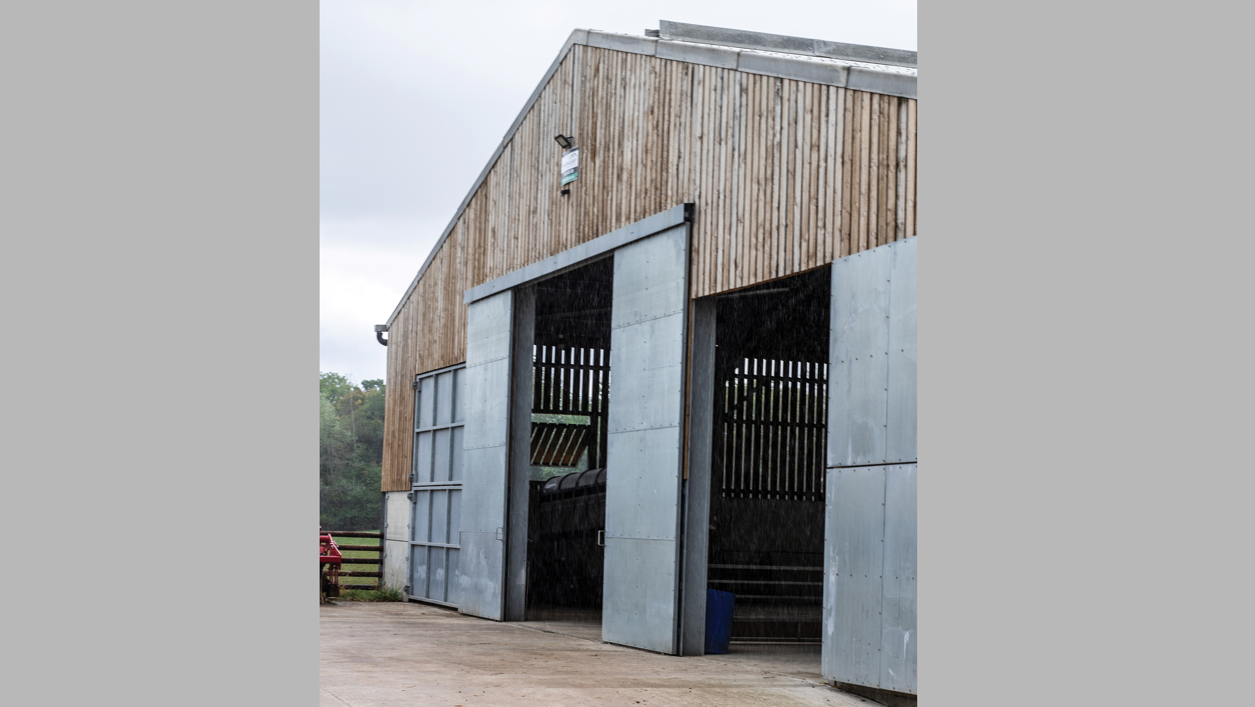 Front of shed with sliding doors