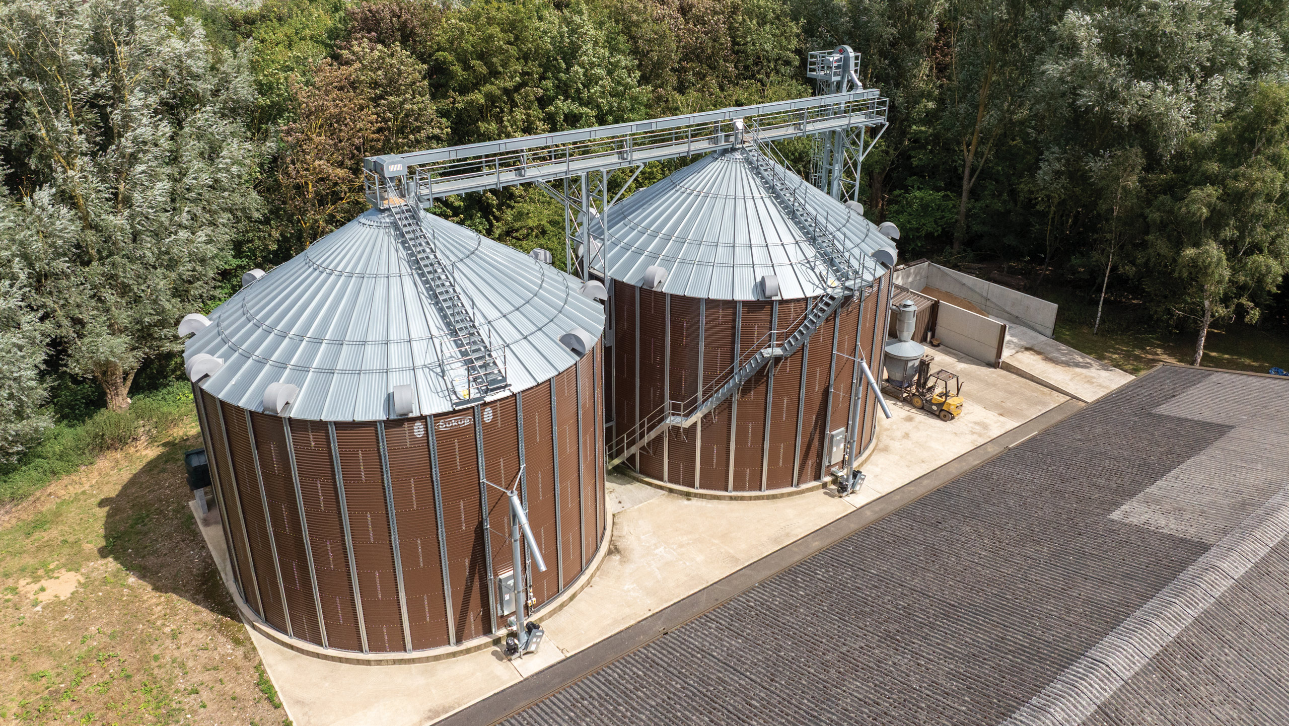Aerial view of two grain silos