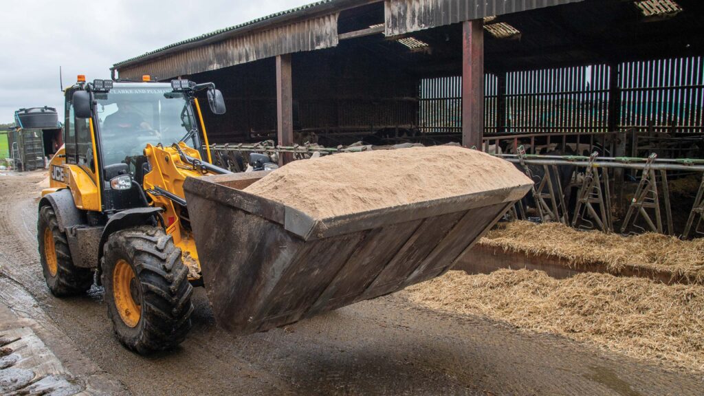 Loader moving clean sawdust bedding