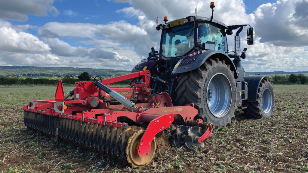 Tractor with cross-cutter discs at Godminster Farm
