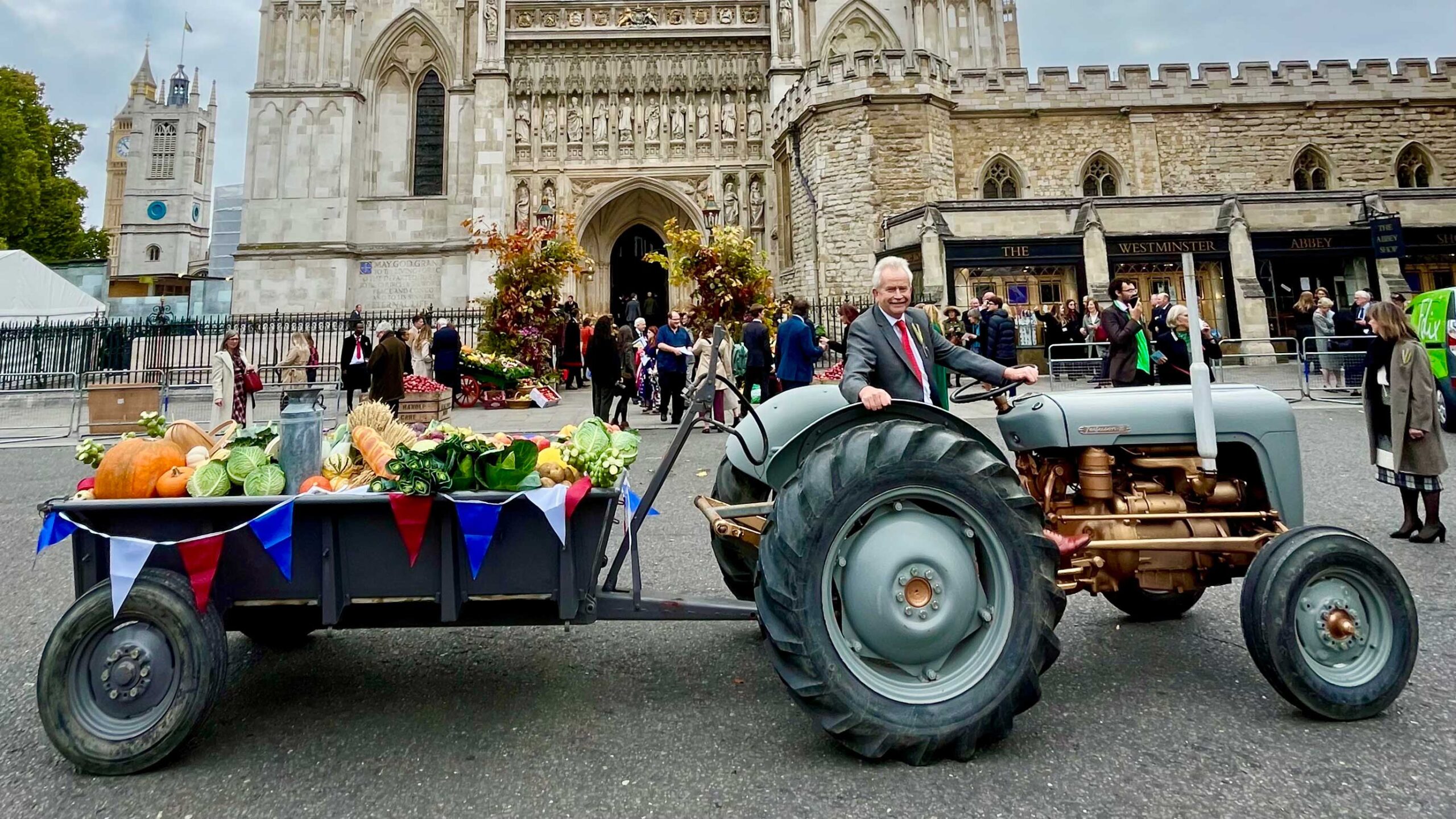 Vintage Massey-Ferguson tractor in front of Westminster Abbey