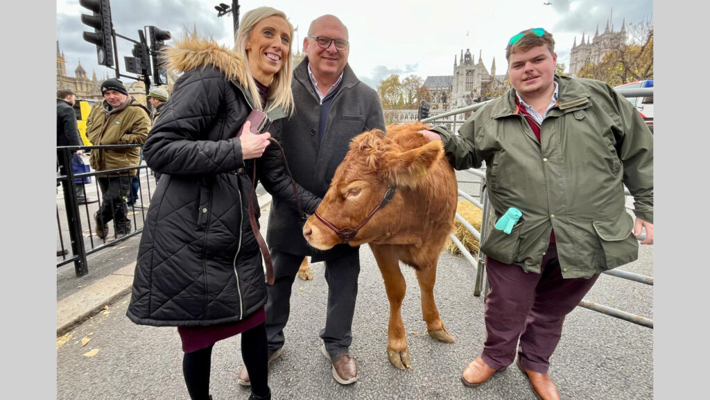 Carla Lockhart, Martin Williams and Cameron Kinch with Vicky the cow