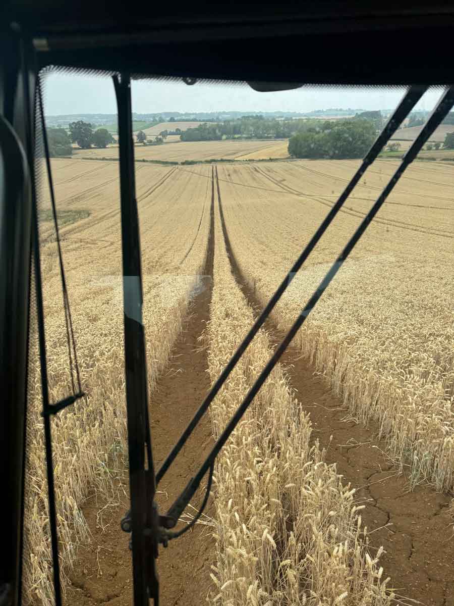 View of farm from inside cab of Househam Spiri sprayer