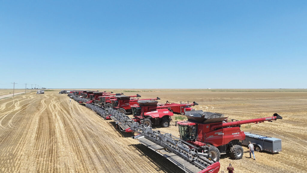 Line-up of combine harvesters in US