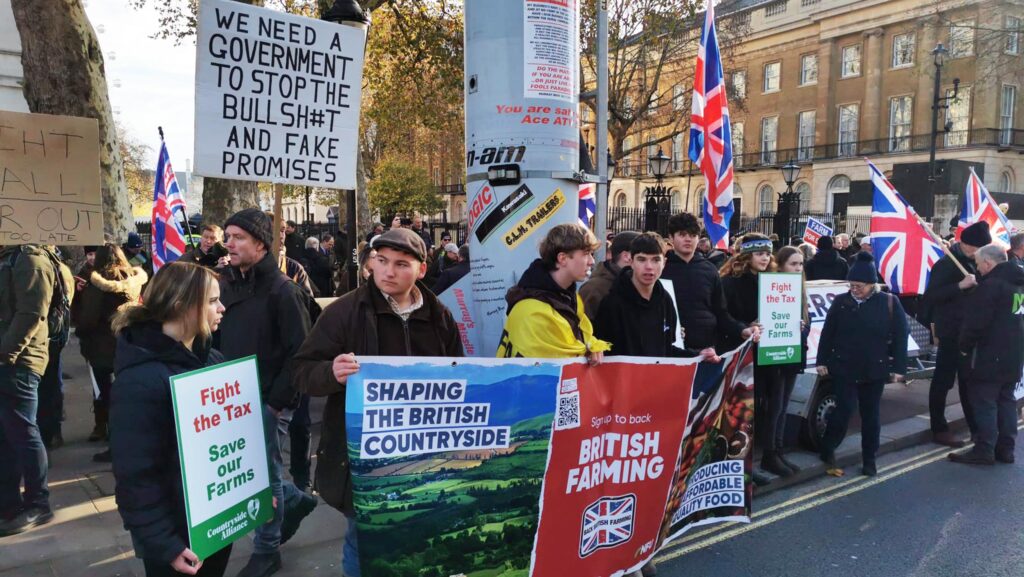 Protesters holding signs and banners in London