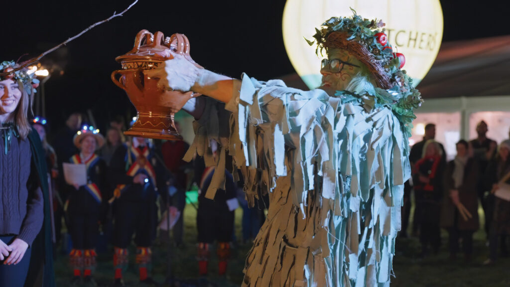 Green Man holding cider pot at Thatchers Wassail event
