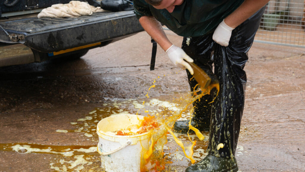 A vet washing clothing with disinfectant before entering a farm