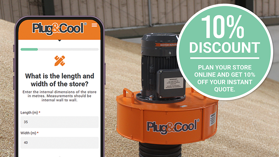 Plug & Cool app shown on a smartphone next to an orange grain ventilation fan, with a “10% discount” badge in the corner.
