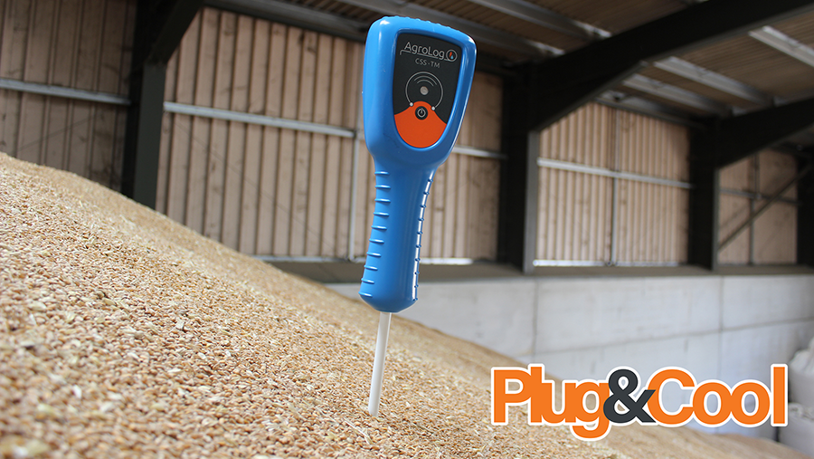 A blue grain temperature probe inserted into a pile of stored grain inside a warehouse, with the Plug & Cool logo in the corner.