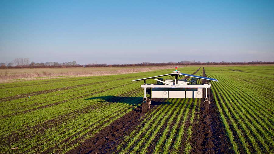 Robotic farming machinery in arable field