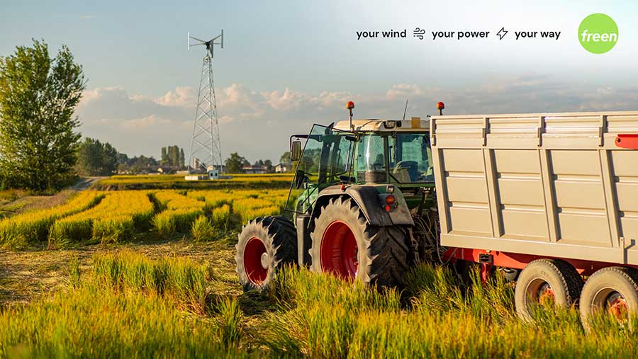 Graphic of tractor driving towards turbine