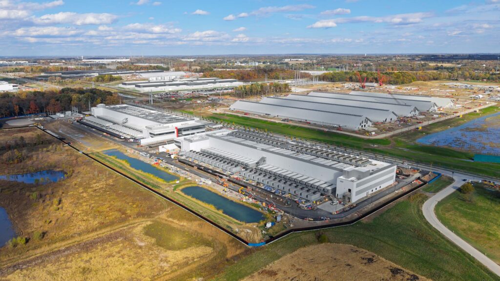 Aerial view showing a massive industrial data center campus in Ohio