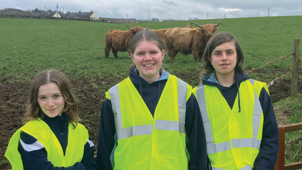 Longridge students Pandra, Emily and Ben meet the Highland cows